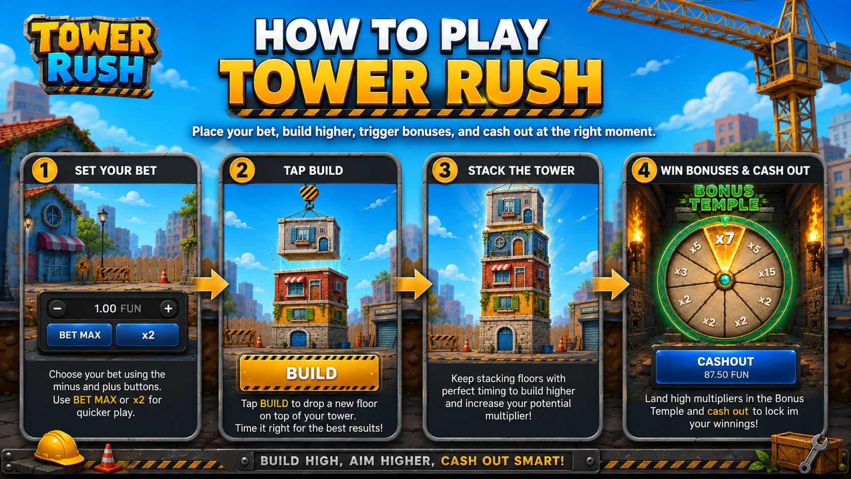 How to play the Tower Rush game in Indonesia - set a bet, press Build, then Cash Out