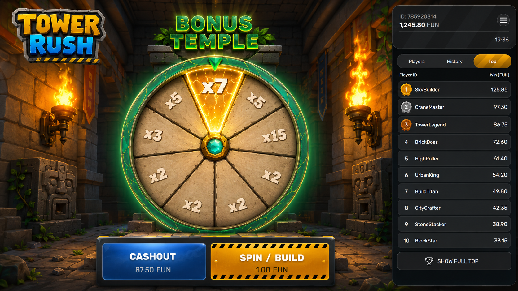 Tower Rush game Bonus Temple wheel with multipliers from x1.5 to x7 in Indonesia
